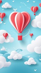 Paper hearts, clouds, flying hot air balloon