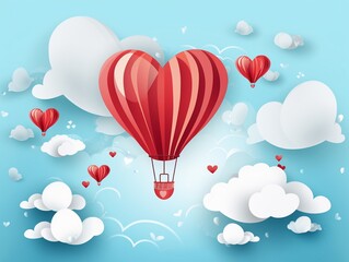 Paper hearts, clouds, flying hot air balloon