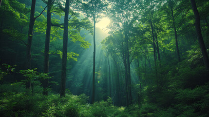 Beautiful view on a sunny day in the forest. Green branches and dense forest. - obrazy, fototapety, plakaty