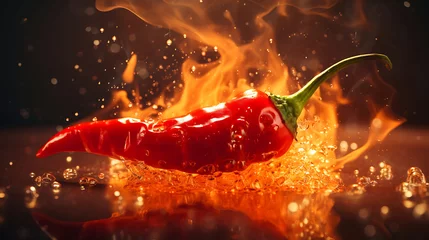Tuinposter Hot spicy chilli pepper with flames © growth.co