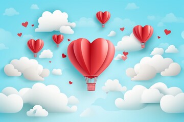 Paper hearts, clouds, flying hot air balloon