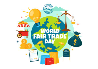 World Fair Trade Day Vector Illustration on 11 May with Gold Coins, Scales and Hammer for Climate Justice and Planet Economic in Flat Background