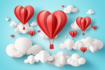 Paper hearts, clouds, flying hot air balloon