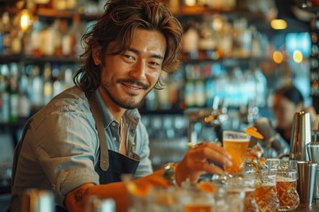 A handsome male bartender serves various cocktails at the bar. The concept of rest and weekends - obrazy, fototapety, plakaty
