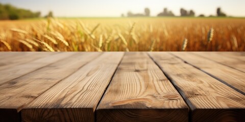 Perfect wooden table with blurred farm background during harvest.