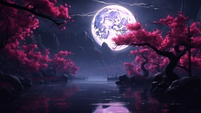 Generative AI Painting with purple flowers under the moon image