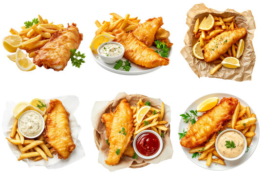 Set of Fish and chips mockup in 3d without backoground png for decoration. Created using generative AI.