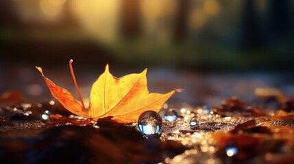 Autumn Radiance: A Maple Leaf Amidst Sparkling Droplets at Dusk