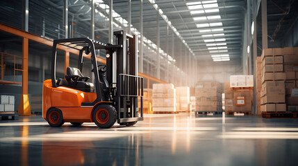 modern orange forklift in warehouse, industrial concept