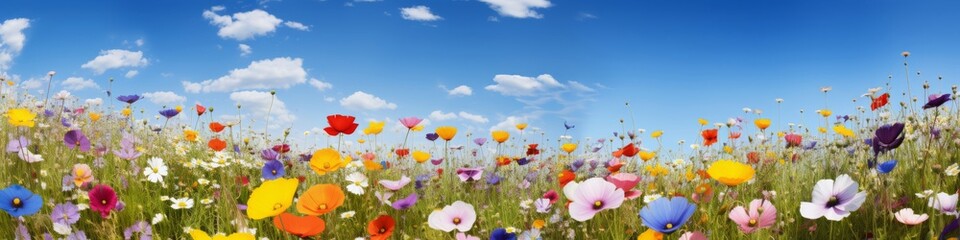 A wildflower meadow panorama in full bloom,  with a riot of colors under a clear,  blue sky