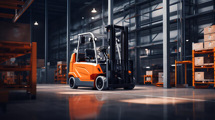 modern orange forklift in warehouse, industrial concept