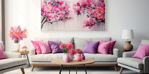 Contemporary furniture and vibrant flowers in a stylish room with artwork and pink cushions. Genuine image.