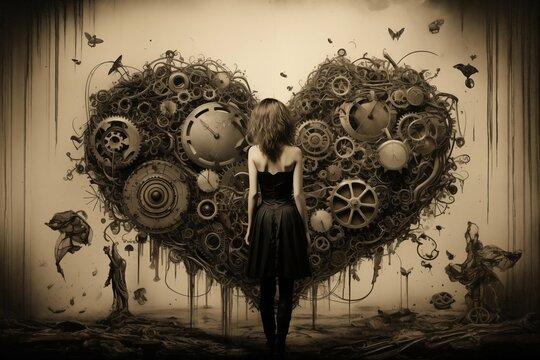 big gray steampunk heart made of many small gears, surreal image in gothic style for Valentine's Day, Valentine's Day postcard, generative AI