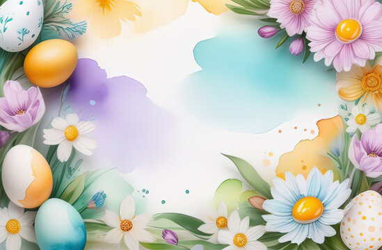 easter watercolor banner or postcard with empty space for text, made of easter eggs and flowers, pastel colours