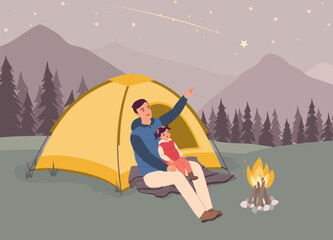 Smiling Father And His Little Daughter In Puffer Vest Sitting In Front Of Tent Looking Up At The Shooting Star. Full Length.