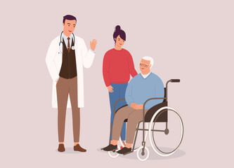 Friendly Male Doctor In Lab Coat And Stethoscope Waving Hello To The Senior Man In Wheelchair And Her Teenage Granddaughter. Full Length.
