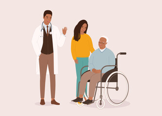 Obraz premium Friendly Black Male Doctor In Lab Coat And Stethoscope Waving Hello To The Senior Man In Wheelchair And Her Teenage Granddaughter. Full Length.