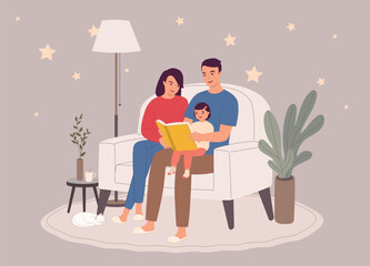 Smiling Parents Sitting On Couch Reading A Bedtime Story Together With Their Little Daughter During Night Time. Full Length.