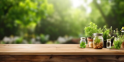 Wooden table displaying products, surrounded by a green garden backdrop.