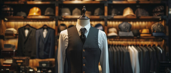 Mannequin with new clothes in a men's suit store. - obrazy, fototapety, plakaty