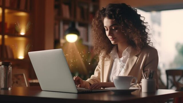 freelancer working from cafe.. Young woman in blazer with laptop in the cafe near window.  seamless looping overlay 4k virtual video animation background 