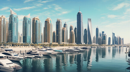 Fototapeta na wymiar panorama of Dubai Marina with reflection