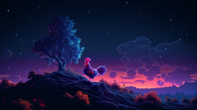 Hen Neon light animal hill next tree AI Generated pictures