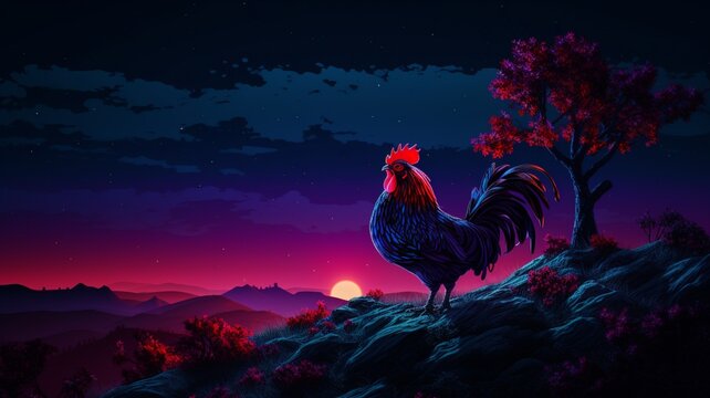Hen Neon light animal hill next tree AI Generated pictures