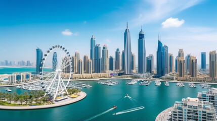 Fototapeta premium panoramic aerial view of Dubai Marina skyline with Dubai Eye ferris wheel with clear blue sky