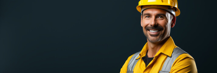 Smiling Engineer with Yellow Hardhat on Dark Background