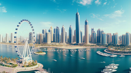 Fototapeta premium beautiful panoramic aerial view of Dubai Marina skyline with Dubai Eye ferris wheel