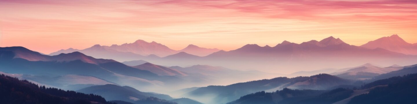 Majestic mountain ranges converging into a breathtaking panorama,  painted in hues of sunrise pinks and oranges