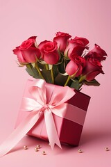bouquet of red roses on a pink background with a gift for Valentine's Day and with a place for text, a picture for Valentine's Day, generative AI