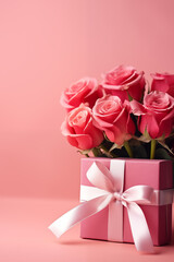 a bouquet of red roses on a pink background with a gift for Valentine's Day and with a place for text, a picture for Valentine's Day, generative AI