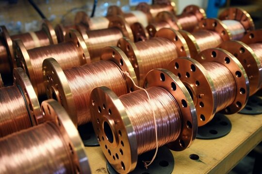 Manufacturing copper wire bronze cable reels. Generative AI