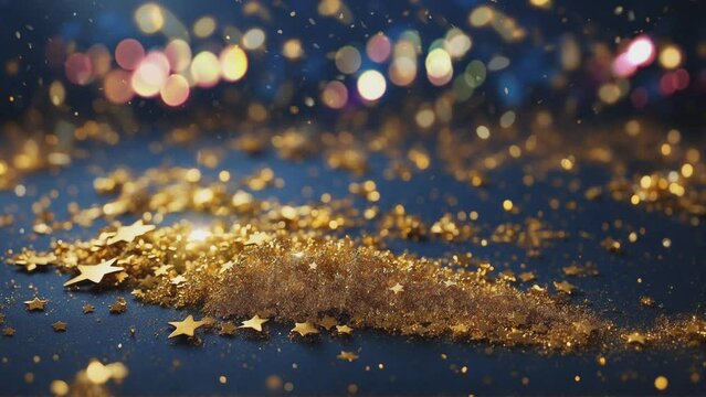 Animasi 4K latar belakang partikel abstrak dengan bintang emas berkilau dan bersinar. Cahaya Natal di latar belakang bokeh. Latar belakang tekstur foil emas.