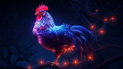 Fototapeta premium Hen Neon light animal standing in the tree AI Generated pictures