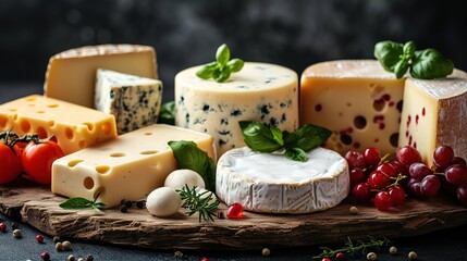 various types of cheese on rustic wooden table