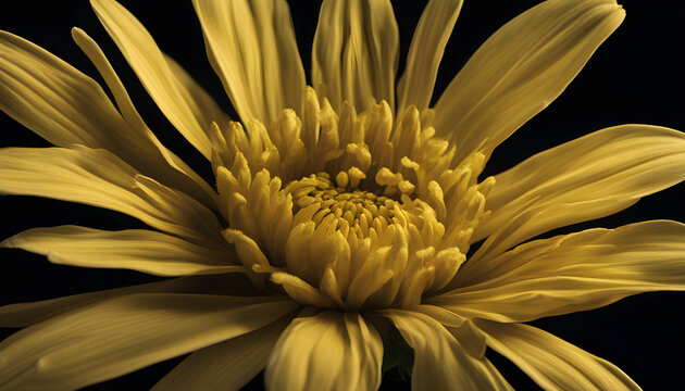 Closeup of Dark yellow flower macro isolated on black background 