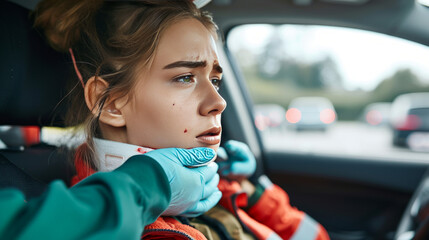 Installation of a cervical collar after a serious automobile accident. Providing first aid.