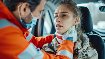 Installation of a cervical collar after a serious automobile accident. Providing first aid. - obrazy, fototapety, plakaty