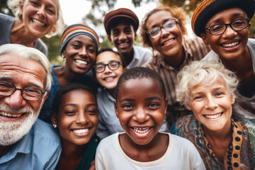 Diverse group of people smiling in joy in the park, a unique crowd, ethnic diversity, different cultures, family, multicultural friends, cultural mixing pot, professional portrait photo
 - obrazy, fototapety, plakaty
