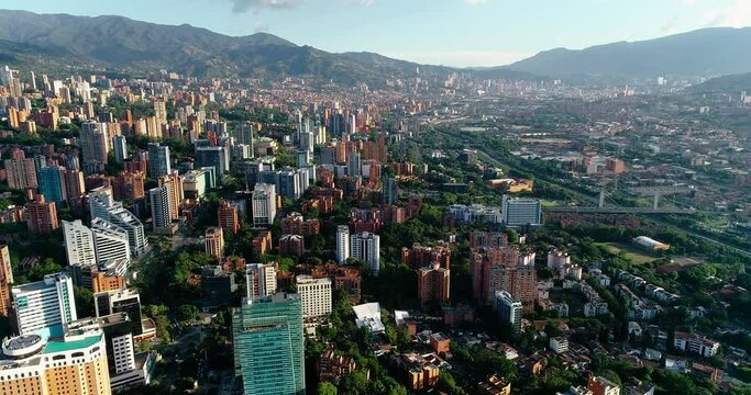 Drone aerial distant shot above Medellin city Colombia.