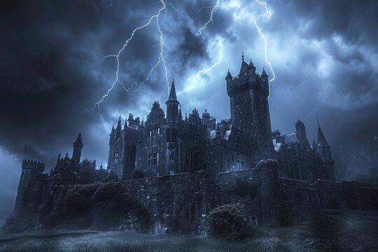 A haunted castle with ominous clouds and lightning in the background Creepy view of dark mystery castle Gothic castle at night