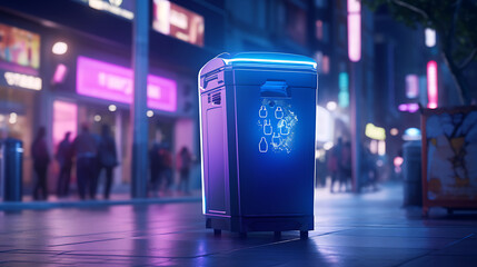 a close-up of neon recycle bin in the street, futuristic graphic - obrazy, fototapety, plakaty