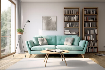 Modern living room interior design scandinavian style, aqua green sofa, round coffee table, lamp and bookshelf with books with piece of carpet on wooden floor