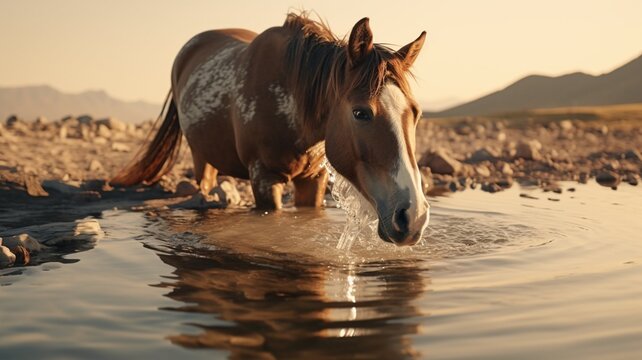 Horse animal drinking water AI Generated pictures