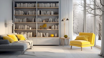 Fototapeta na wymiar Modern living room interior design scandinavian style, yellow color sofa, round coffee table, pillow, lamp and bookshelf with books window view of snow winter season