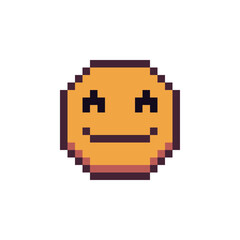 Happy smiley, pixel art icon, yellow smiling emoticon, cute face, smile cartoon character. 8-bit flat style. Isolated abstract colorful vector illustration.