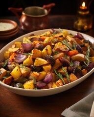 A hearty ensemble of robust roasted root vegetables, each slice tells a story of caramelization and intense flavor. Roasted till perfection, golden chunks of ernut squash, mellow purple